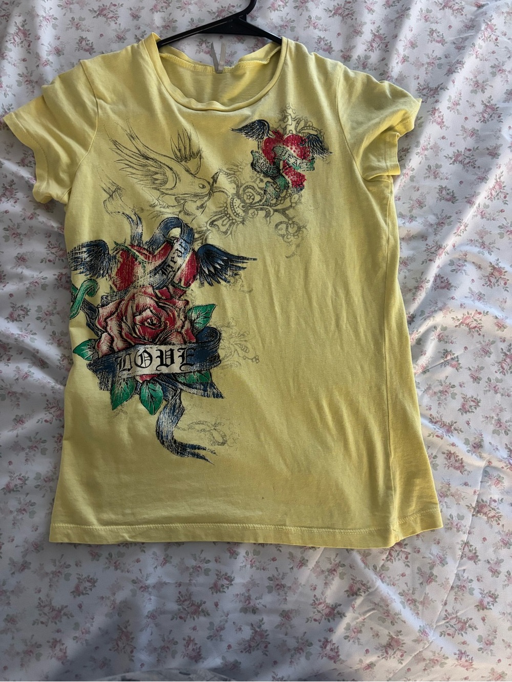 Yellow Graphic Short-Sleeve Women's Tee with Rose and Dove Design